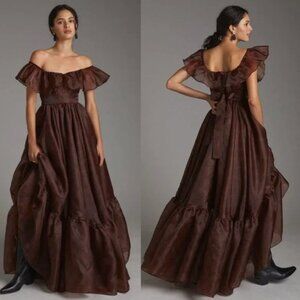 Selkie Flounced Tulle Maxi Dress Brown